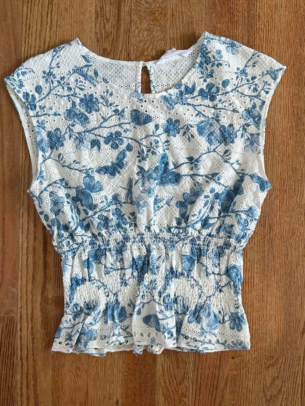 Steve Madden blue and white butterfly print ruched tank top